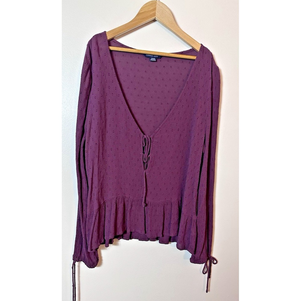 American Eagle AE Top Womens Small Purple Burgundy Pointelle Tie Ruffle Peplum S